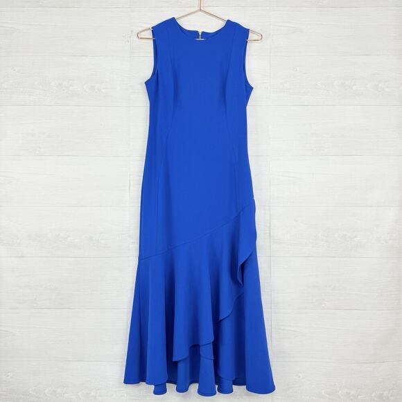 NWT Calvin Klein Midi Sheath Dress Size 4 Royal Blue Ruffle Hem Stretch Cocktail - Picture 2 of 16